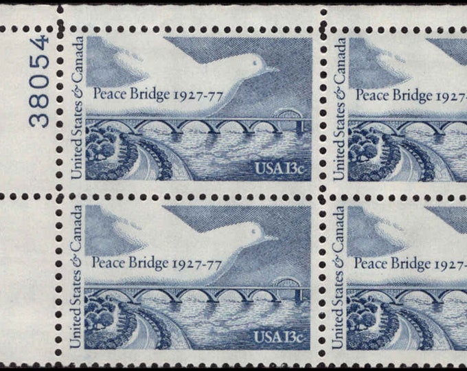 1977 Peace Bridge Plate Block of Four 13-Cent US Postage Stamps Mint Never Hinged