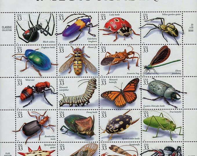 Insects and Spiders Full Sheet of Twenty 33-Cent United States Postage Stamps Issued 1999