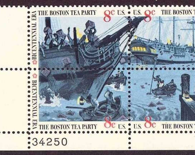 Boston Tea Party Plate Block of Four 8-Cent United States Stamps Issued 1973