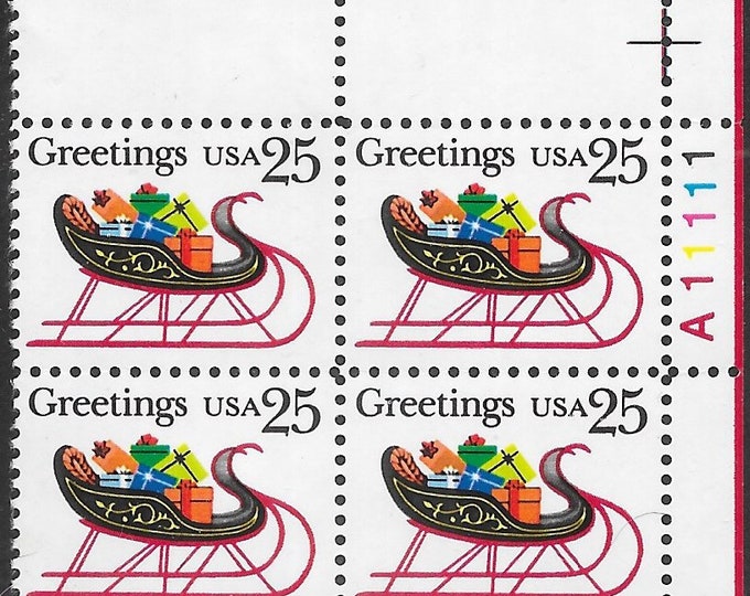 1989 Sleigh With Christmas Presents Plate Block of Four 25-Cent United States Postage Stamps