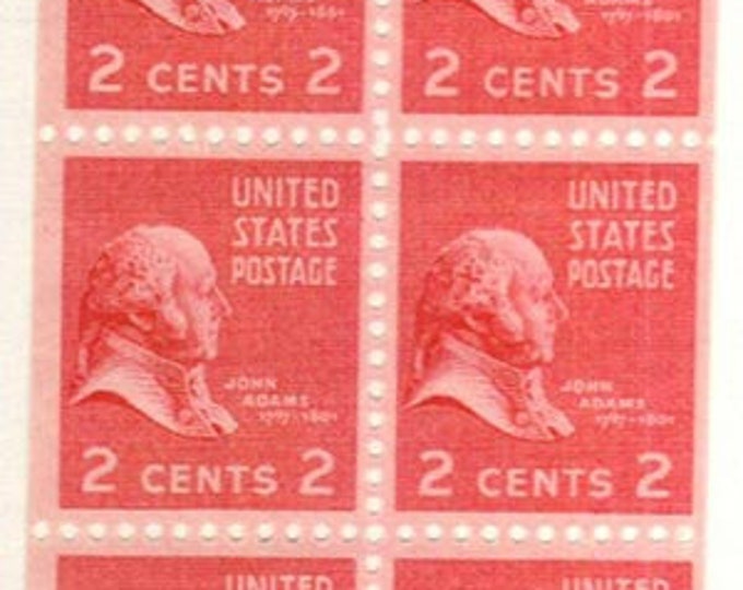 1938 John Adams Booklet Pane of Six US 2-Cent Postage Stamps Mint Never Hinged