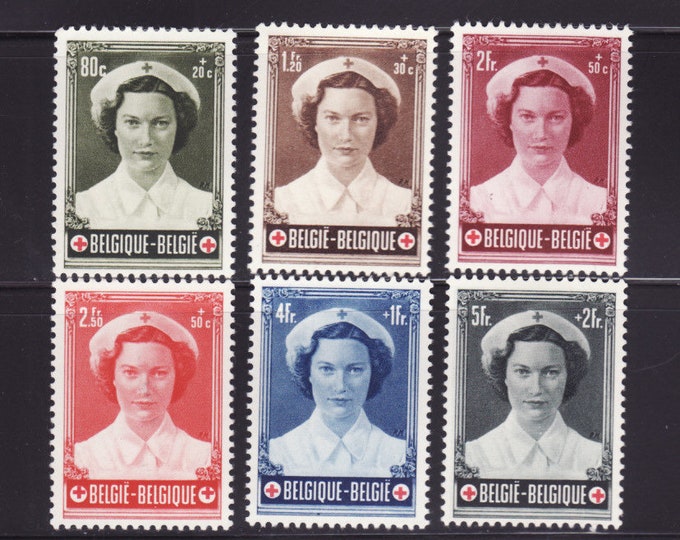 Princess Nurse Set of Six Belgium Red Cross Postage Stamps Issued 1953