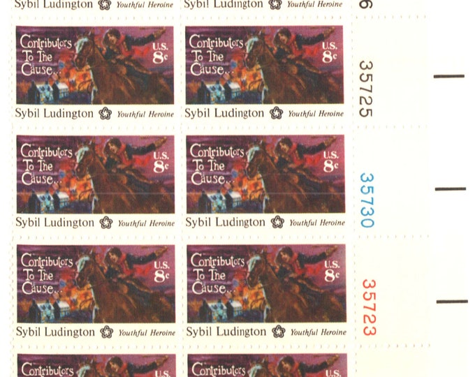 Sybil Ludington Plate Block of Ten 8-Cent United States Postage Stamps Issued 1975