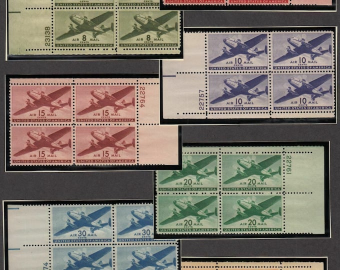 1941-44 Twin-Motored Transport Plane Issue Collectible Set of 7 US Air Mail Postage Stamp Plate Blocks Mint Never Hinged