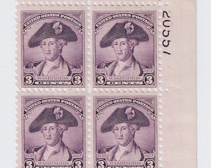 George Washington Bicentennial Plate Block of Four 3-Cent United States Stamps Issued 1932