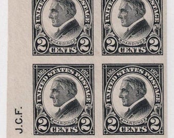 US 1923 Warren G Harding Imperforate Corner Initial Block of Four 2-Cent Postage Stamps Mint Hinged