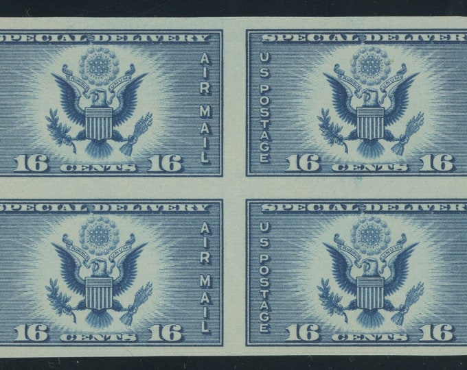 1935 Great Seal of the United States Air Mail Special Delivery Block of Four 16-Cent Imperforate Postage Stamps Mint No Gum As Issued