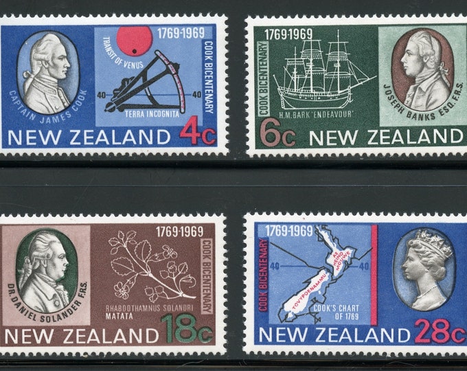 Captain Cook Set of Four New Zealand Postage Stamps Issued 1969
