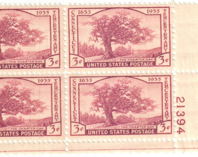 Connecticut Tercentenary Plate Block of Four 3-Cent United States Postage Stamps Issued 1935