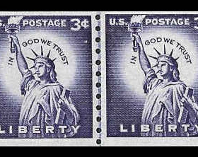 1956 Statue of Liberty Coil Line Pair of 3-Cent US Postage Stamps Mint Never Hinged