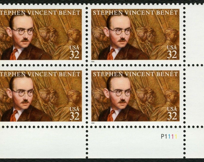 1998 Literary Arts Stephen Vincent Benet Plate Block of Four 32-Cent US Postage Stamps Mint Never Hinged