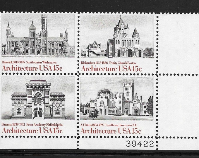 American Architecture Plate Block of Four 15-Cent United States Postage Stamps Issued 1979
