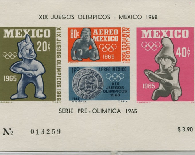 Olympics Mexico Airmail Souvenir Sheet of Four Air Mail Postage Stamps Issued 1965