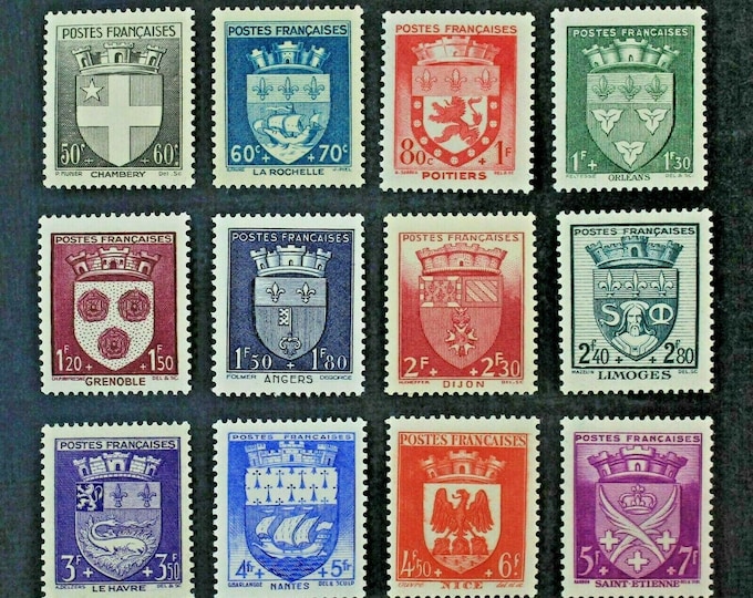 1942 French Coats of Arms Set of Twelve France Postage Stamps