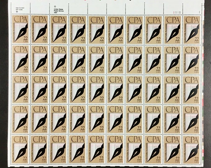 Certified Public Accountants Sheet of Fifty 22-Cent United States Postage Stamps Issued 1987