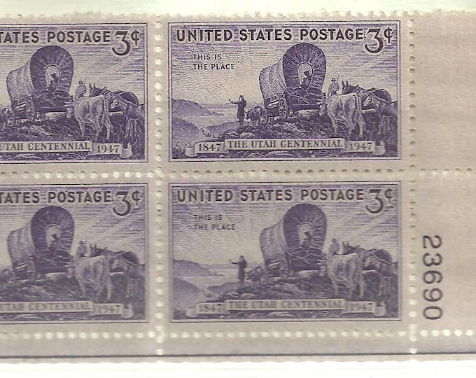 1947 Utah Centennial Collectible Plate Block of Four 3-Cent US Postage Stamps