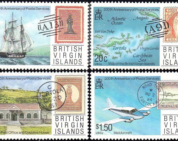 British Virgin Islands Postal Service Bicentennial Set of Four Postage Stamps Issued 1987