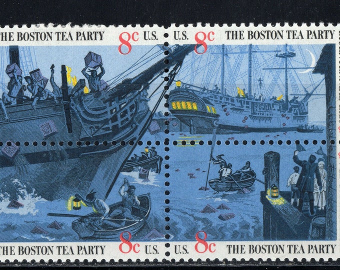 Boston Tea Party Block of Four 8-Cent United States Postage Stamps Issued 1973