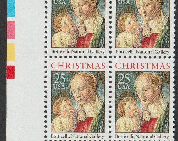 1988 Christmas Botticelli Madonna and Child Plate Block of Four 25-Cent US Postage Stamps
