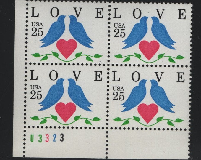 Love Birds Plate Block of Four 25-Cent United States Postage Stamps Issued 1990