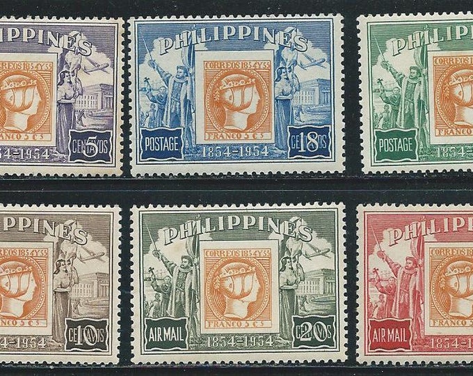 1954 100th Anniversary of Philippine Stamp Set of Six Postage Stamps Mint Never Hinged