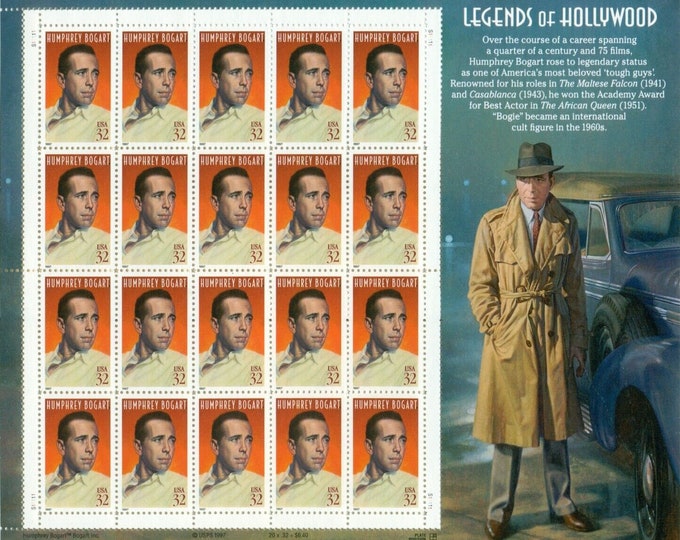 1997 Humphrey Bogart Sheet of Twenty 32-Cent United States Postage Stamps