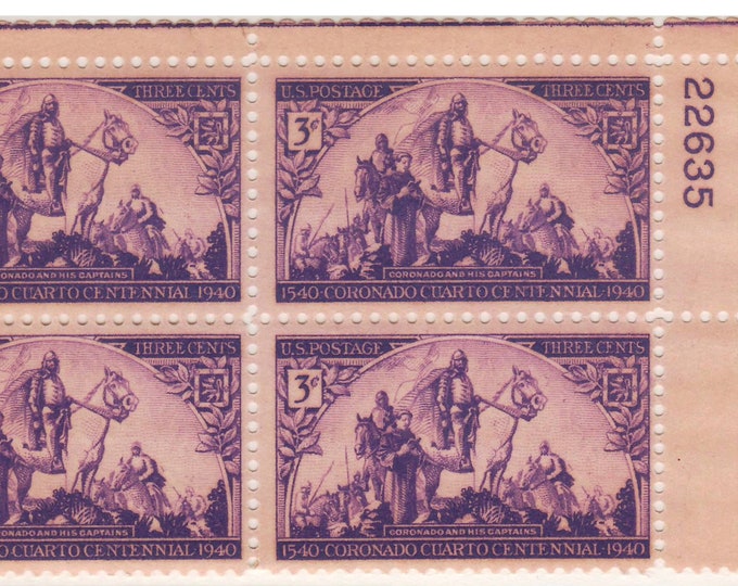 Coronado Expedition Plate Block of Four 3-Cent United States Postage Stamps Issued 1940