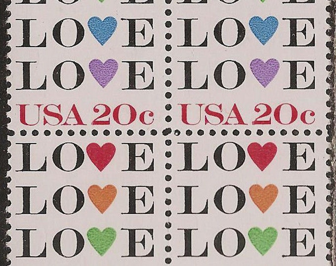 1984 Love with Hearts Block of Four 20-Cent US Postage Stamps