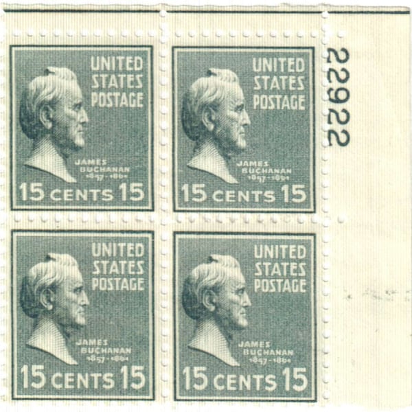 James Buchanan Plate Block of Four 15-Cent United States Postage Stamps Issued 1938