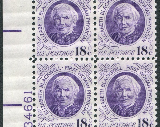 Elizabeth Blackwell Plate Block of Four 18-Cent US Postage Stamps Issued 1974