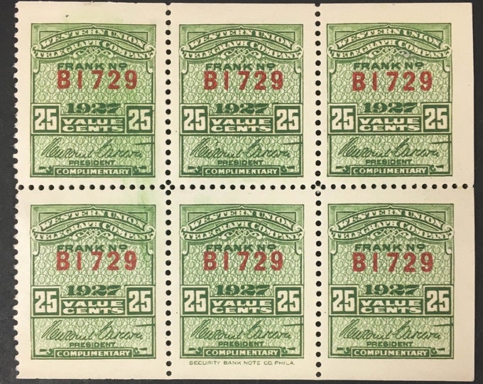 Western Union Telegraph Co Booklet Pane of Six 25-Cent Green Stamps Issued 1927