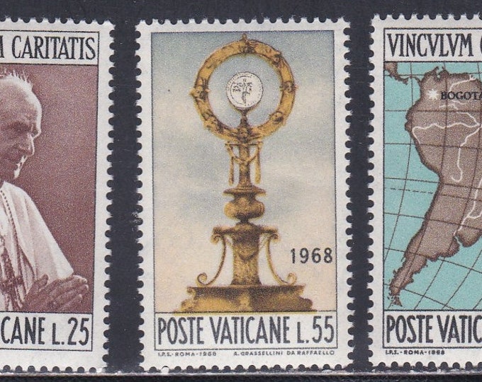 Pope Paul VI Set of Three Vatican City Postage Stamps Issued 1968