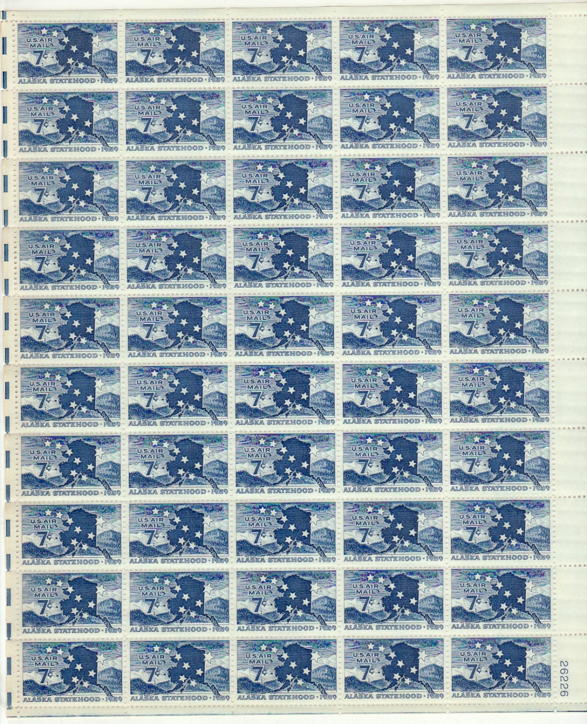 Alaska Statehood Sheet of Fifty 7-Cent United States Air Mail Stamps Issued  1959