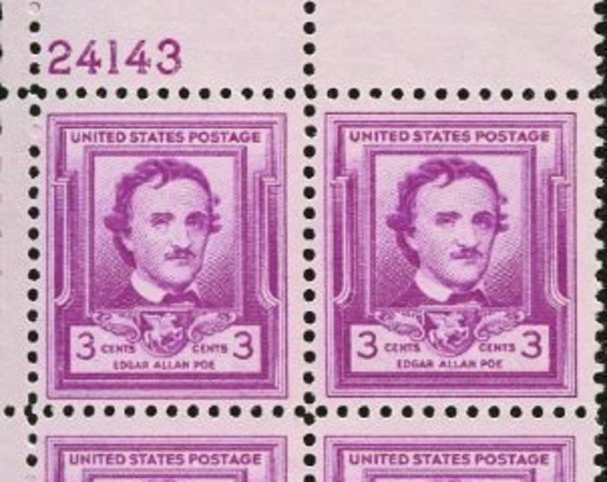 Edgar Allan Poe Plate Block of Four 3-Cent United States Postage Stamps Issued 1940