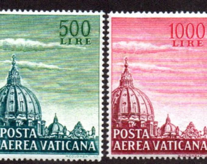 St Peters Basilica Set of Two Vatican City Air Mail Postage Stamps Issued 1958