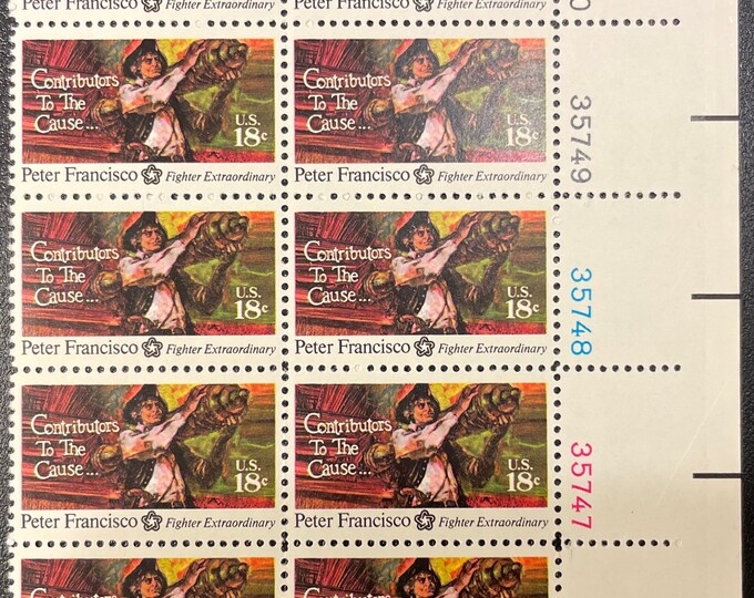 Peter Francisco Plate Block of Ten 18-Cent United States Postage Stamps Issued 1975