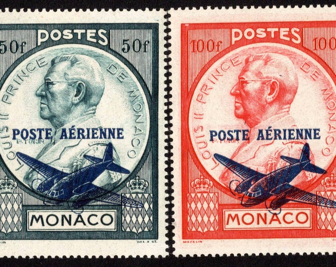 1946 Prince Louis II Set of Two Monaco Airmail Postage Stamps