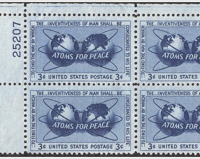 Atoms For Peace Plate Block of Four 3-Cent United States Postage Stamps Issued 1955