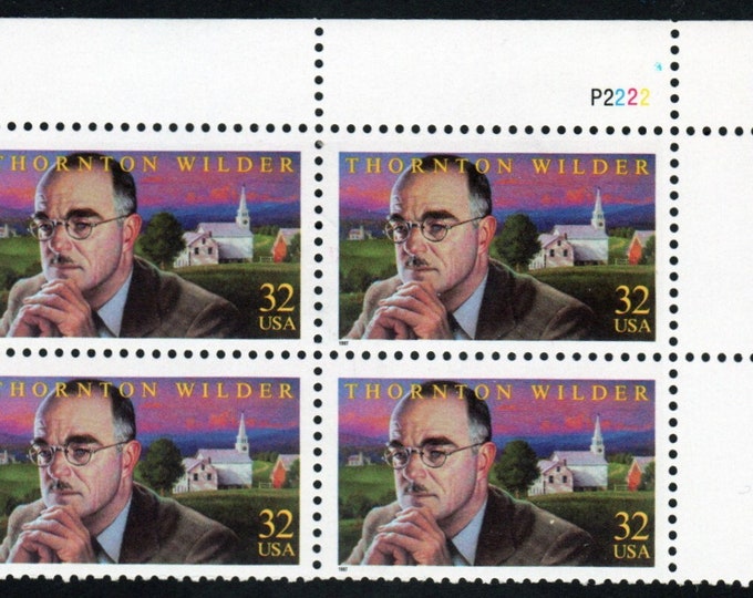 1997 Thornton Wilder Plate Block of Four 32-Cent United States Postage Stamps Mint Never Hinged