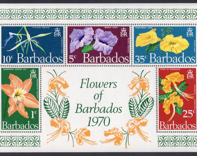 Native Flowers Souvenir Sheet of Five Barbados Postage Stamps Issued 1970