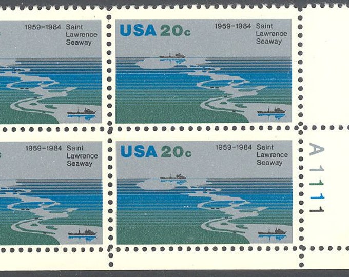 1984 Saint Lawrence Seaway Plate Block of Four 20-Cent United States Postage Stamps