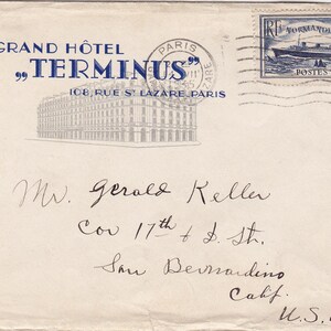 1935 Paris France Hotel Terminus to San Bernardino California Cover With Note Inside
