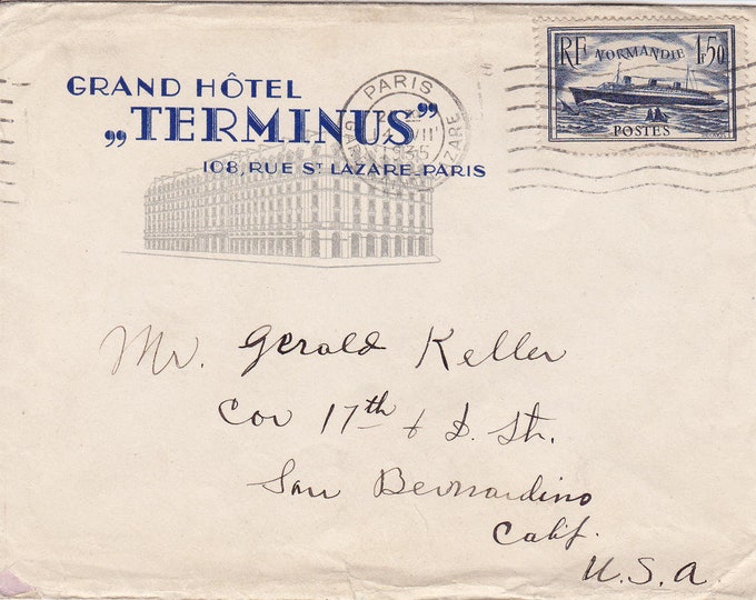 1935 Paris France Hotel Terminus to San Bernardino California Cover With Note Inside