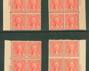 US 1927 Thomas Jefferson Matched Set of Four Plate Blocks Mint Never Hinged, Catalog # 641