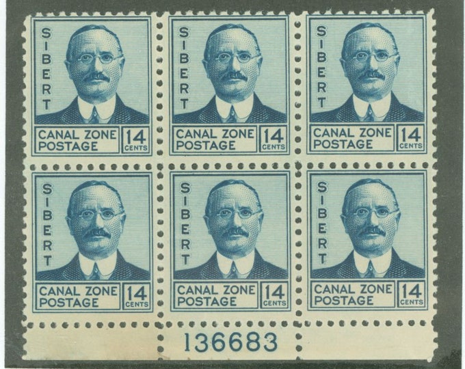 William Sibert Plate Block of Six Canal Zone Postage Stamps Issued 1937