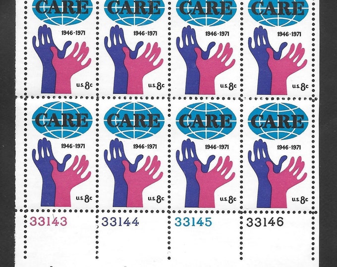 CARE Plate Block of Eight 8-Cent United States Postage Stamps Issued 1971