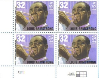 Louis Armstrong Plate Block of Four 32-Cent US Postage Stamps Issued 1995