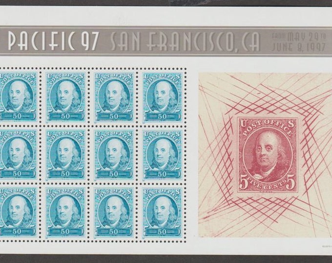 Benjamin Franklin Sheet of Twelve 50-Cent United States Postage Stamps Issued 1997