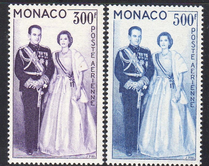 1959 Prince Rainier And Princess Grace Set of Two Monaco Air Mail Postage Stamps Mint Never Hinged