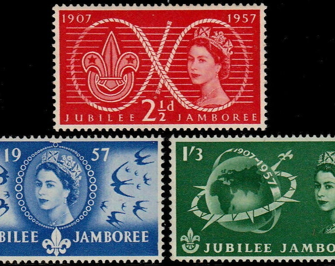 World Scout Jubilee Jamboree Set of Three Great Britain Postage Stamps Issued 1957